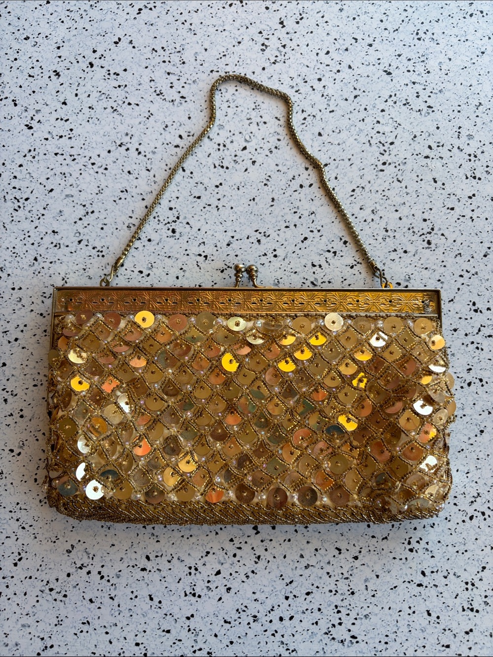 Vintage classic gold beaded clutch with sequins metal work and chain made in HK